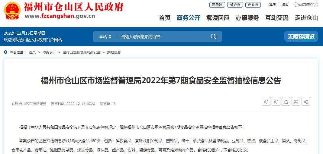 福州市仓山区市场监管局食用农产品抽检结果公布 128批次中126批次合格